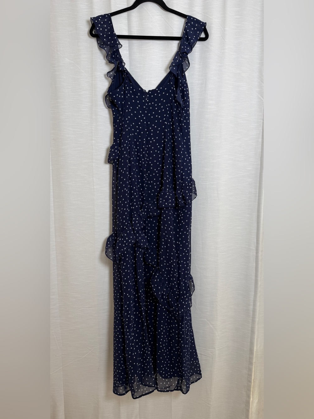 BP Navy Polka Dot Asymmetric Ruffle Tiered Maxi Dress | Size M - Picture 13 of 17